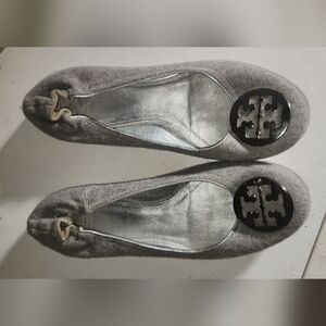 Tory Burch Gray Suede Flats With Silver Medallion